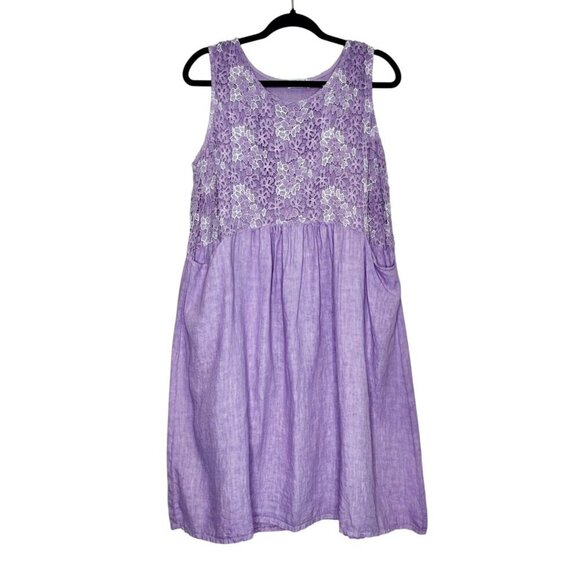 100% Lino Made in Italy Lilac Linen Midi Dress w/ Lace Top & Pockets - Picture 2 of 10